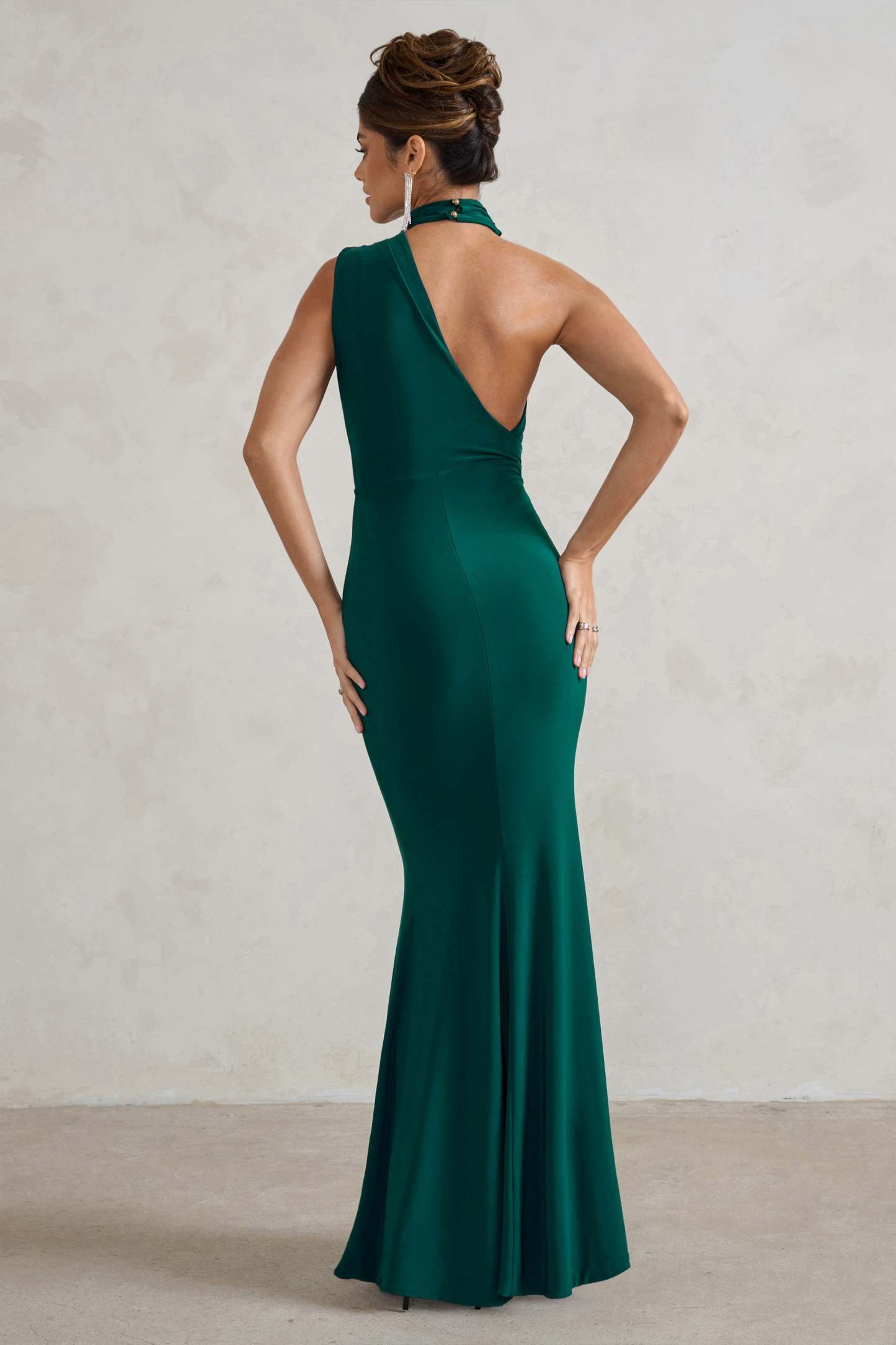 Capucine Bottle Green Asymmetric Draped Maxi Dress-Fashionmomo.All Rights Reserved