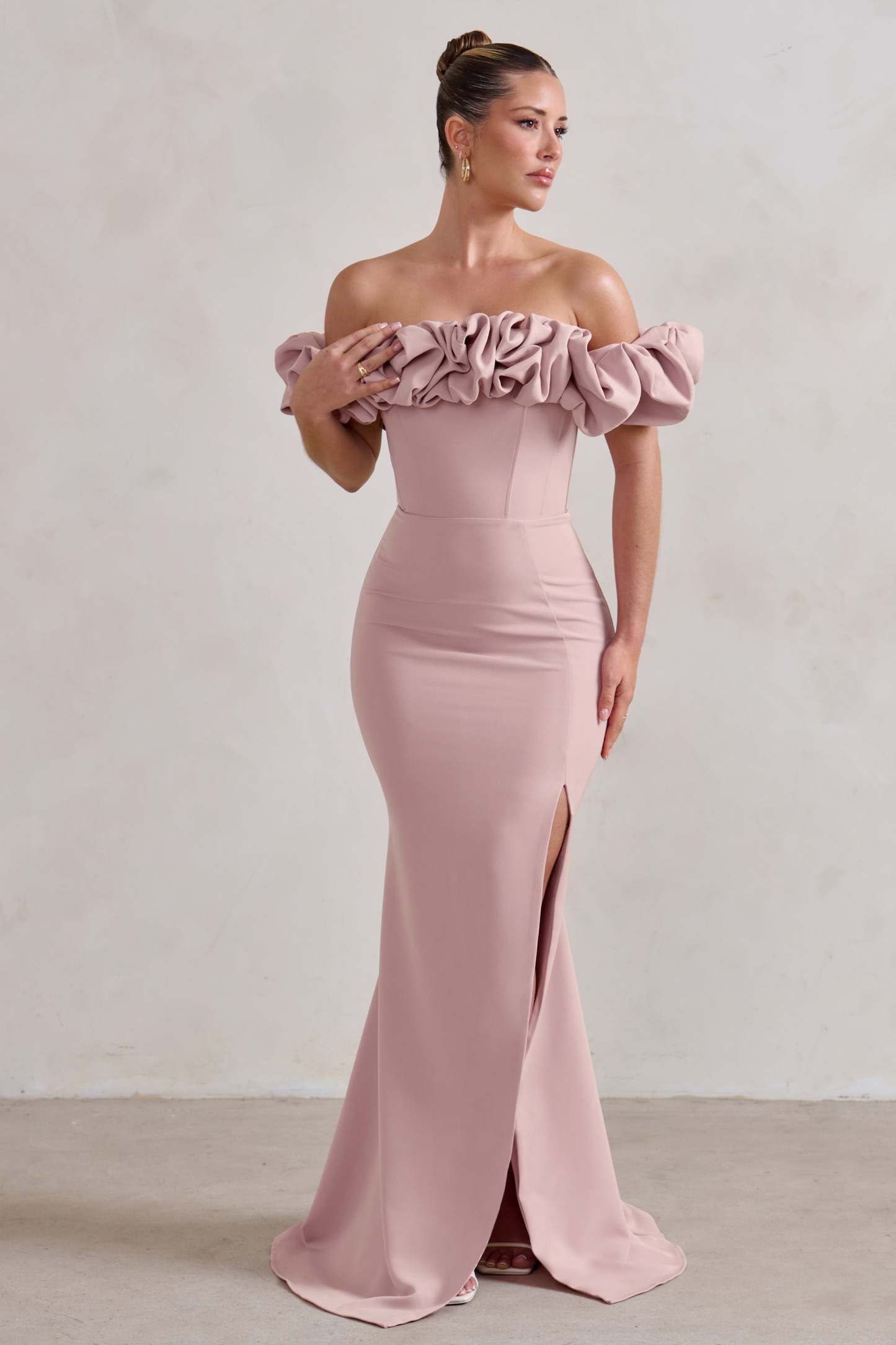 Esmeralda Blush Pink Structured Statement Bardot Maxi Dress-Fashionmomo.All Rights Reserved
