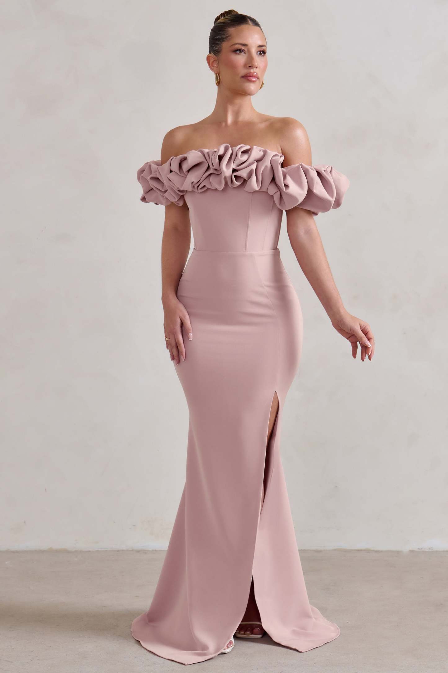 Esmeralda Blush Pink Structured Statement Bardot Maxi Dress-Fashionmomo.All Rights Reserved