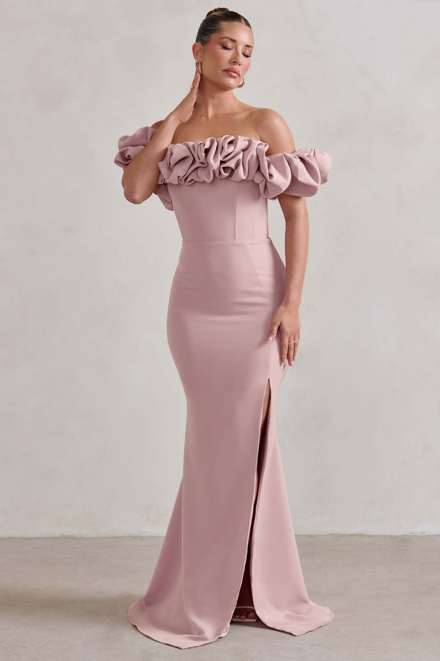 Esmeralda Blush Pink Structured Statement Bardot Maxi Dress-Fashionmomo.All Rights Reserved
