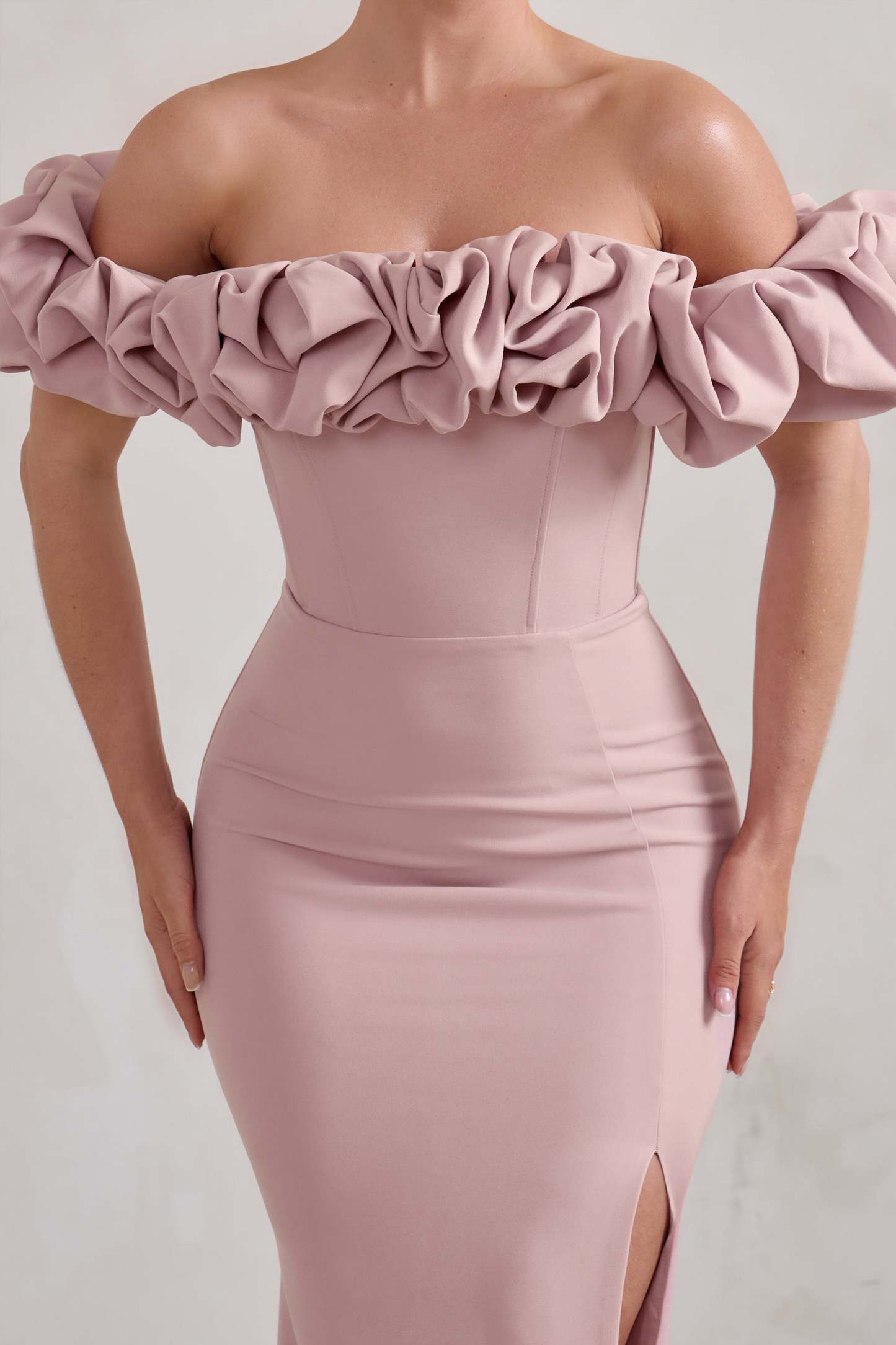 Esmeralda Blush Pink Structured Statement Bardot Maxi Dress-Fashionmomo.All Rights Reserved