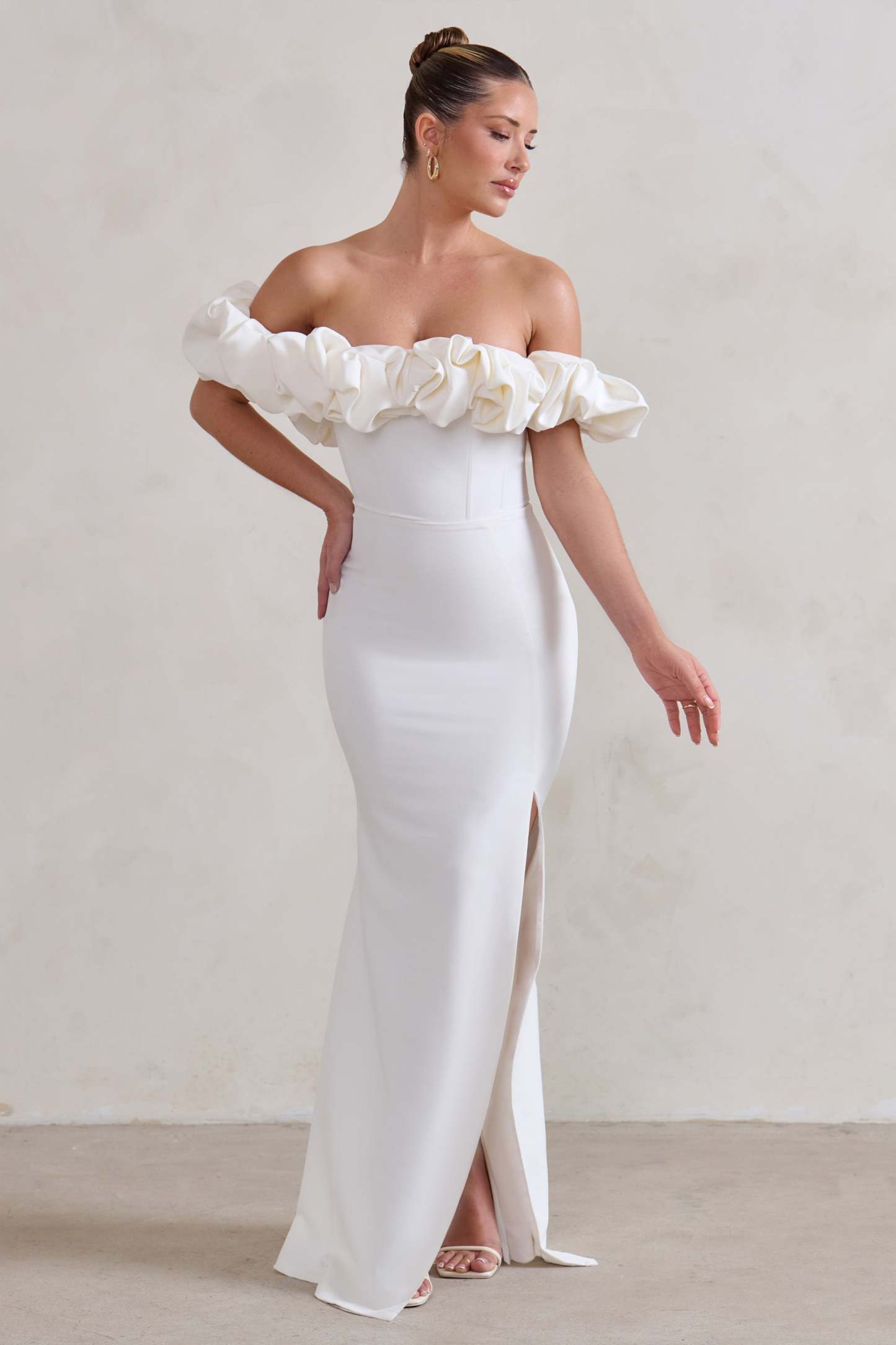 Esmeralda White Structured Statement Bardot Maxi Dress-Fashionmomo.All Rights Reserved