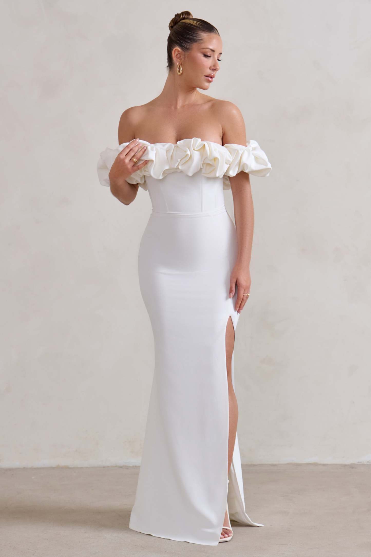 Esmeralda White Structured Statement Bardot Maxi Dress-Fashionmomo.All Rights Reserved