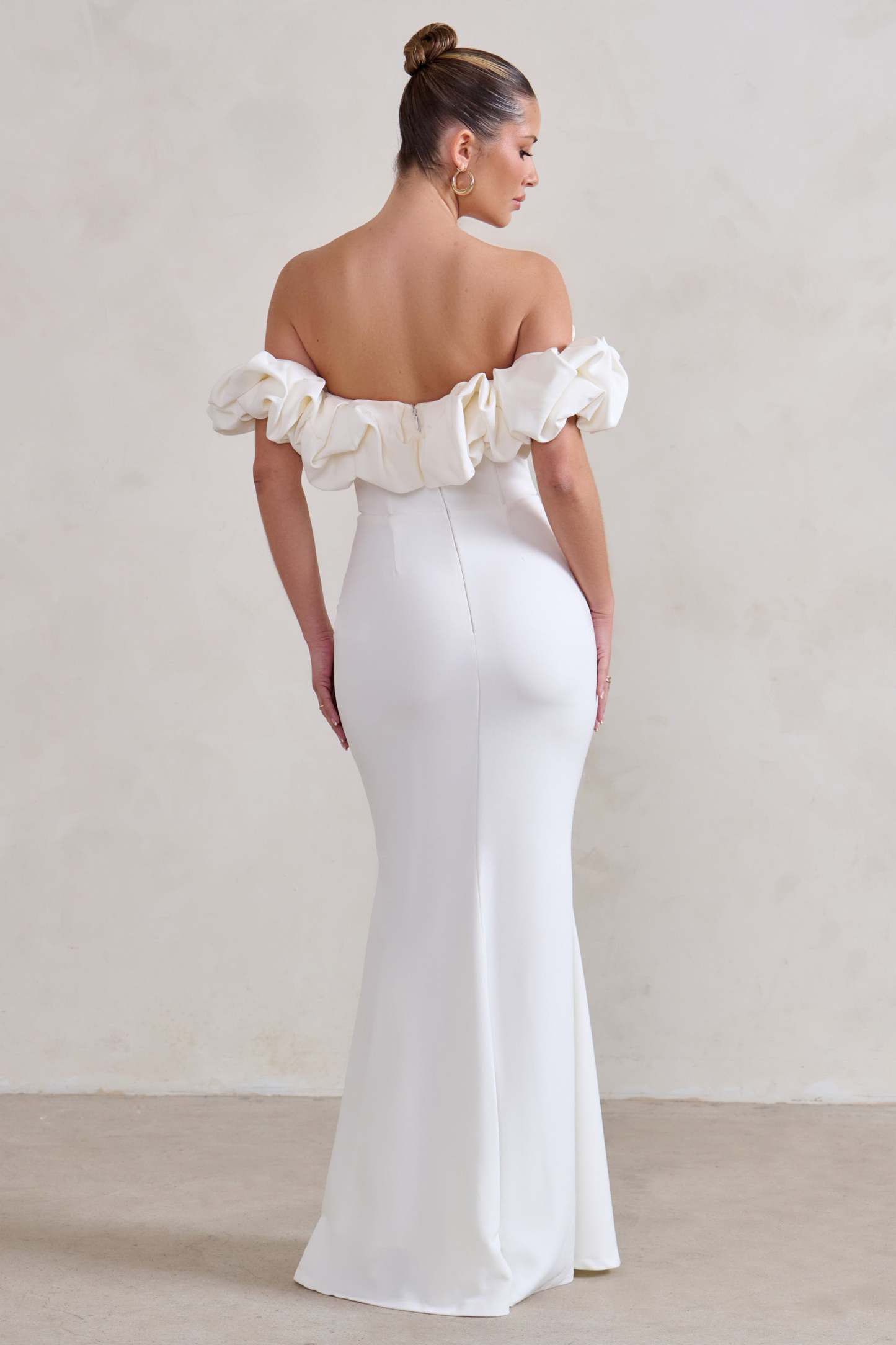 Esmeralda White Structured Statement Bardot Maxi Dress-Fashionmomo.All Rights Reserved