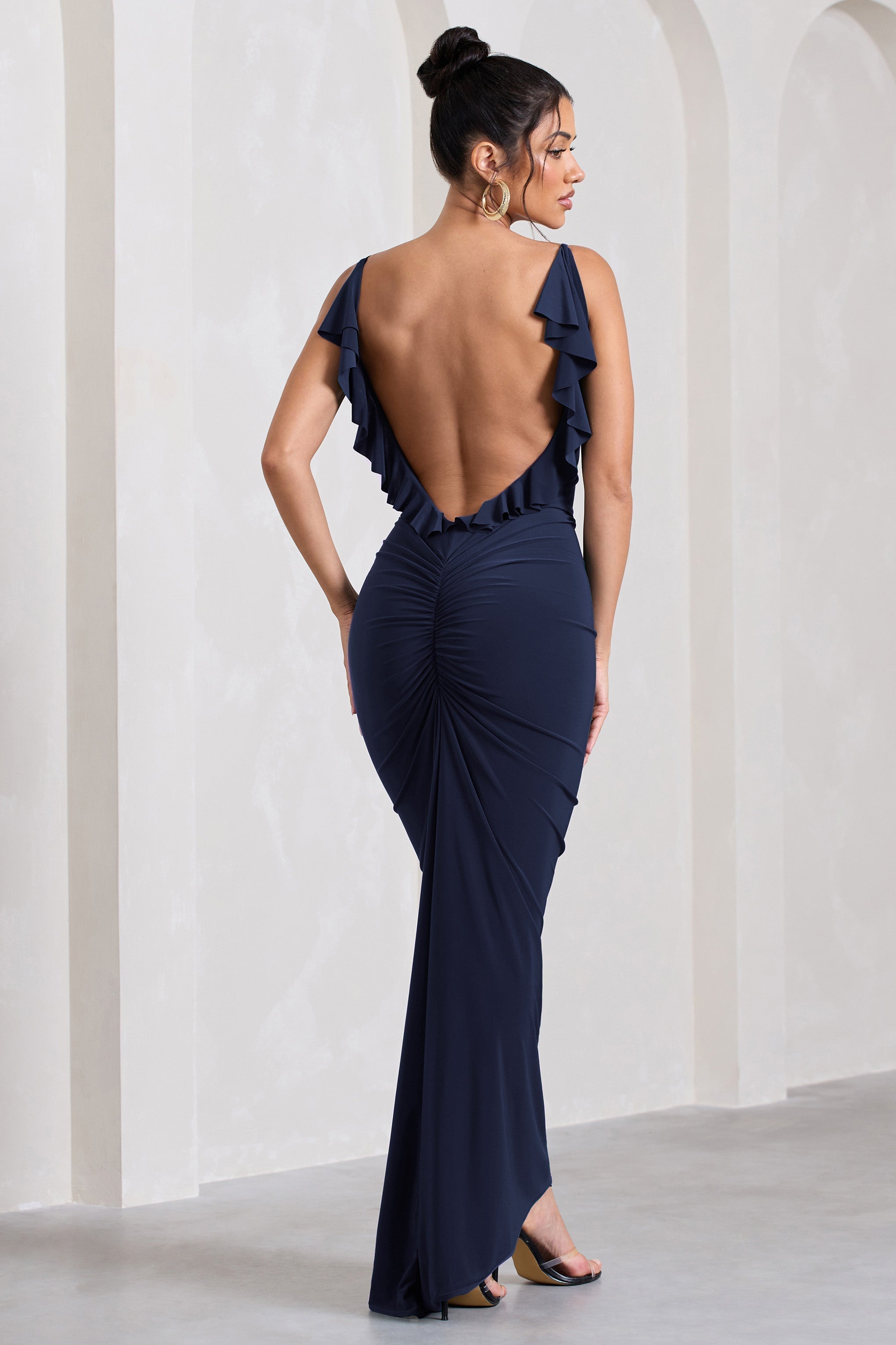 Flute Navy Bodycon Maxi Dress With Ruched Ruffled Back-Fashionmomo.All Rights Reserved