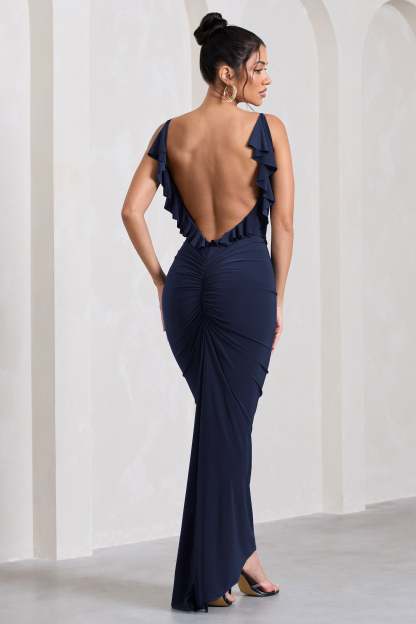 Flute Navy Bodycon Maxi Dress With Ruched Ruffled Back-Fashionmomo.All Rights Reserved