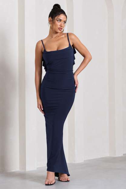 Flute Navy Bodycon Maxi Dress With Ruched Ruffled Back-Fashionmomo.All Rights Reserved