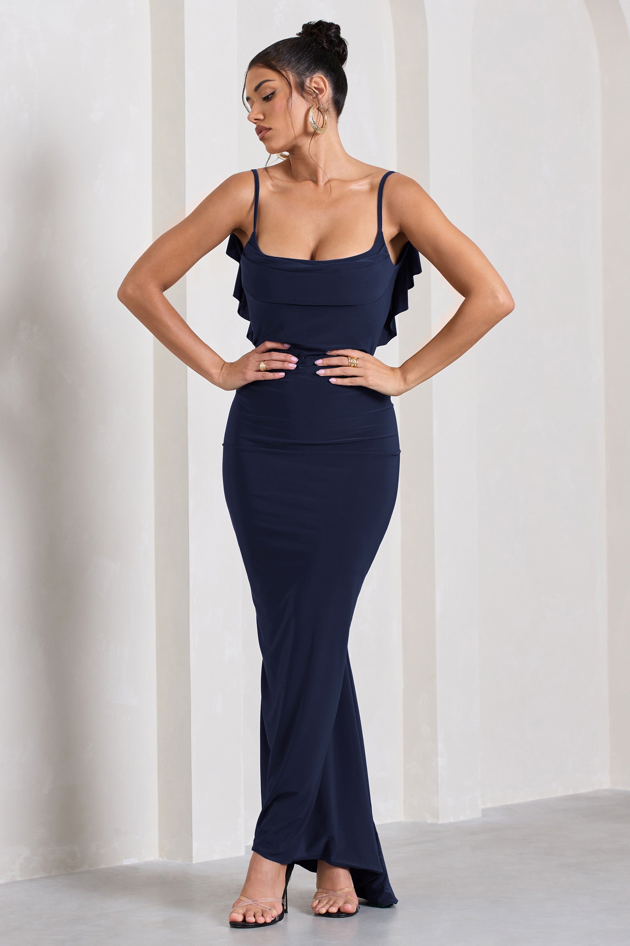 Flute Navy Bodycon Maxi Dress With Ruched Ruffled Back-Fashionmomo.All Rights Reserved