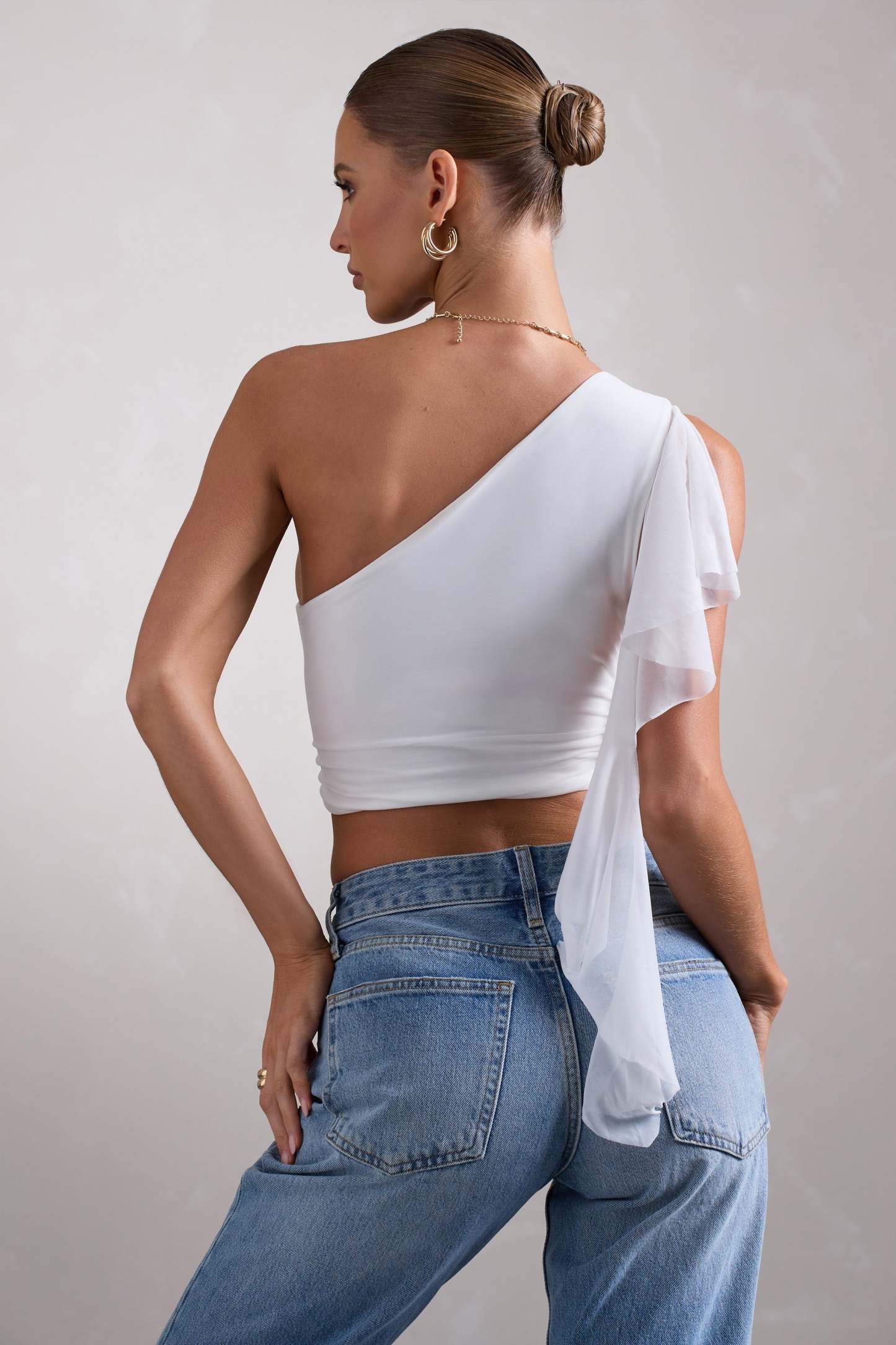 Fondant White Asymmetric Ruched Top With Statement Ruffles-Fashionmomo.All Rights Reserved