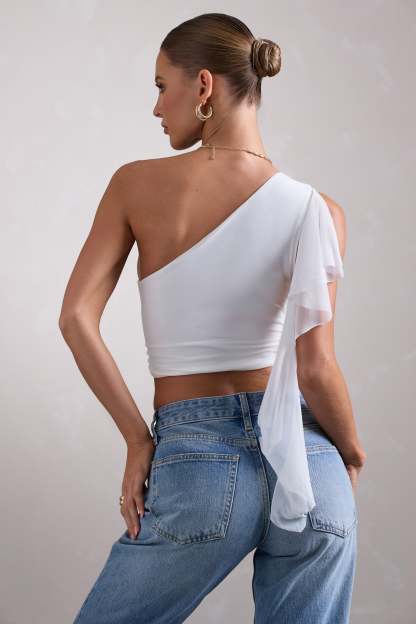 Fondant White Asymmetric Ruched Top With Statement Ruffles-Fashionmomo.All Rights Reserved