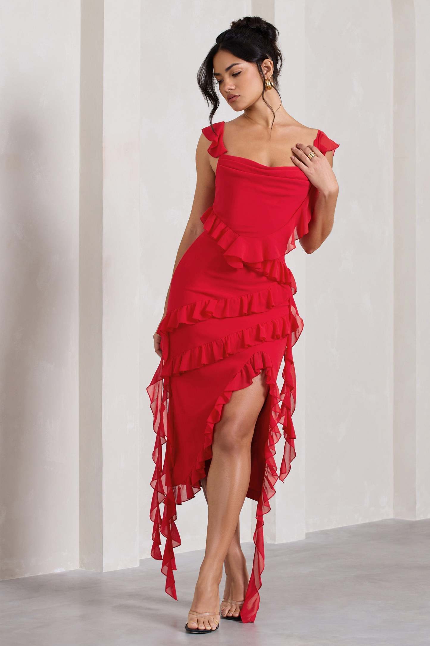 Havana Heat Red Cowl Ruffle Chiffon Midi Dress-Fashionmomo.All Rights Reserved