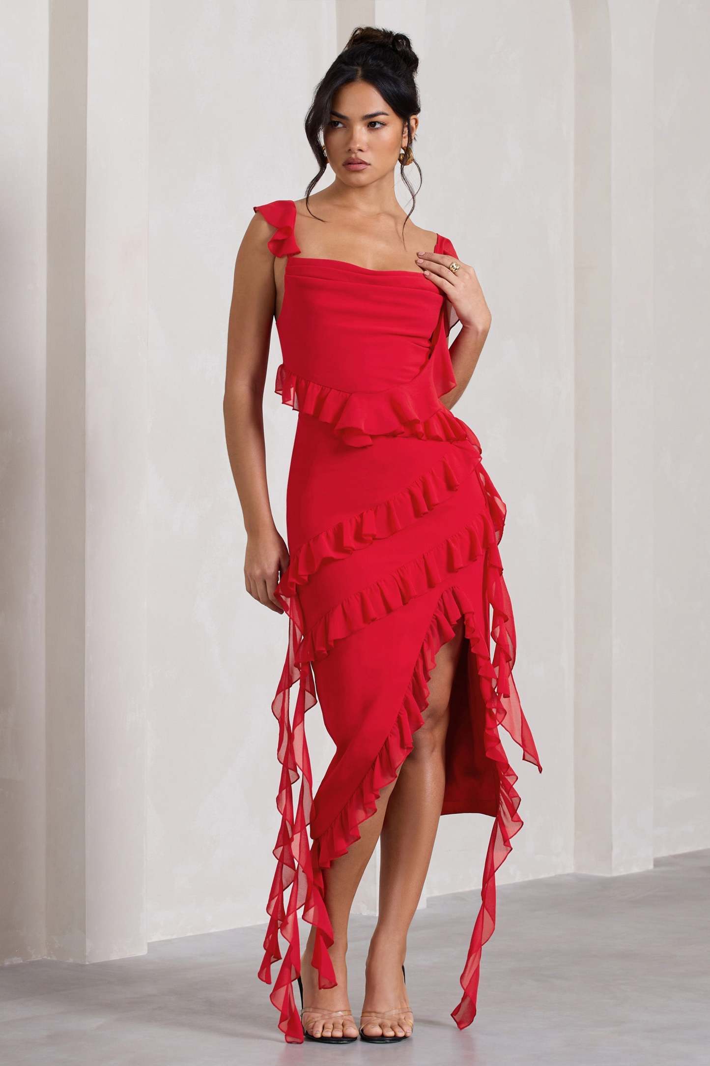 Havana Heat Red Cowl Ruffle Chiffon Midi Dress-Fashionmomo.All Rights Reserved