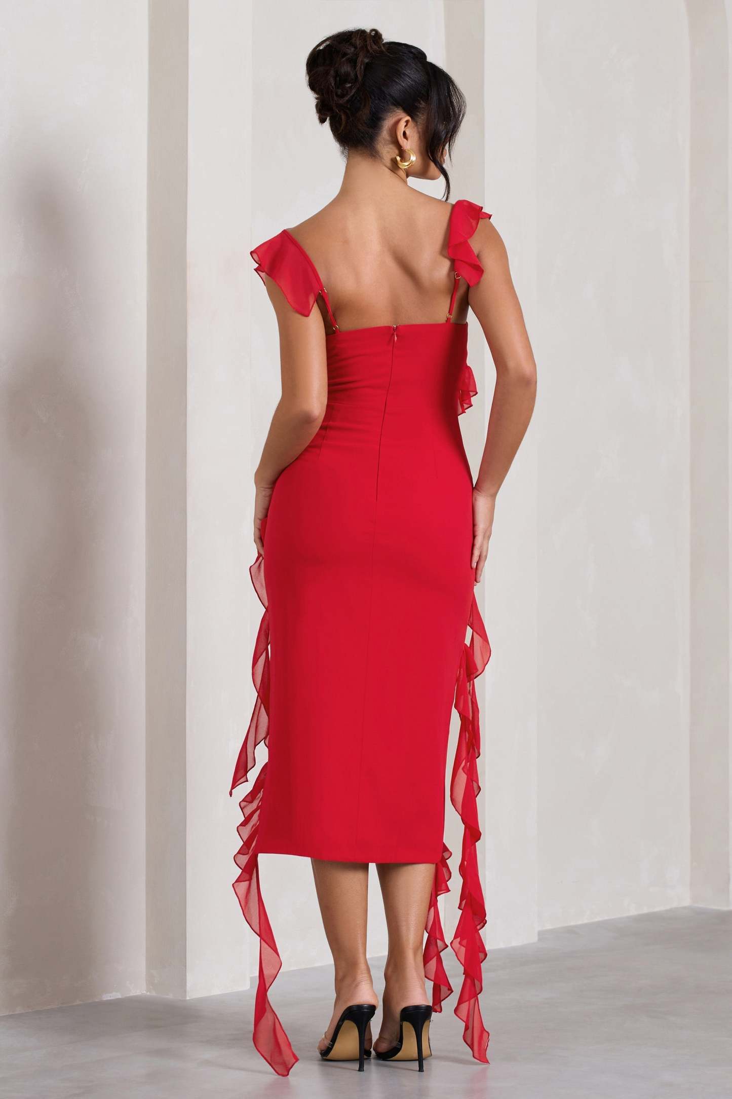 Havana Heat Red Cowl Ruffle Chiffon Midi Dress-Fashionmomo.All Rights Reserved