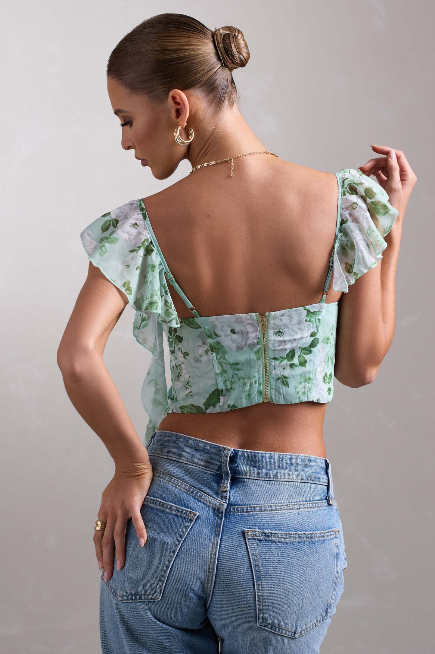 First Love White & Green Floral Chiffon Cowl Crop Top With Ruffles-Fashionmomo.All Rights Reserved