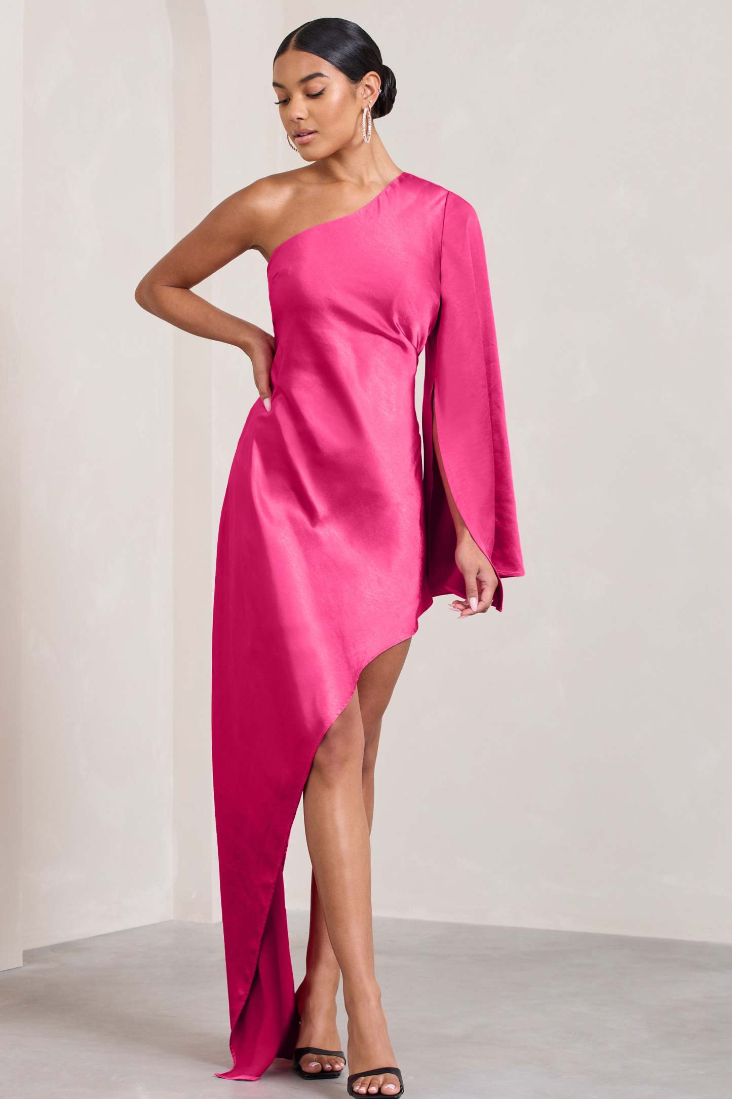 Hanna Hot Pink Asymmetric Draped Satin Mini Dress-Fashionmomo.All Rights Reserved