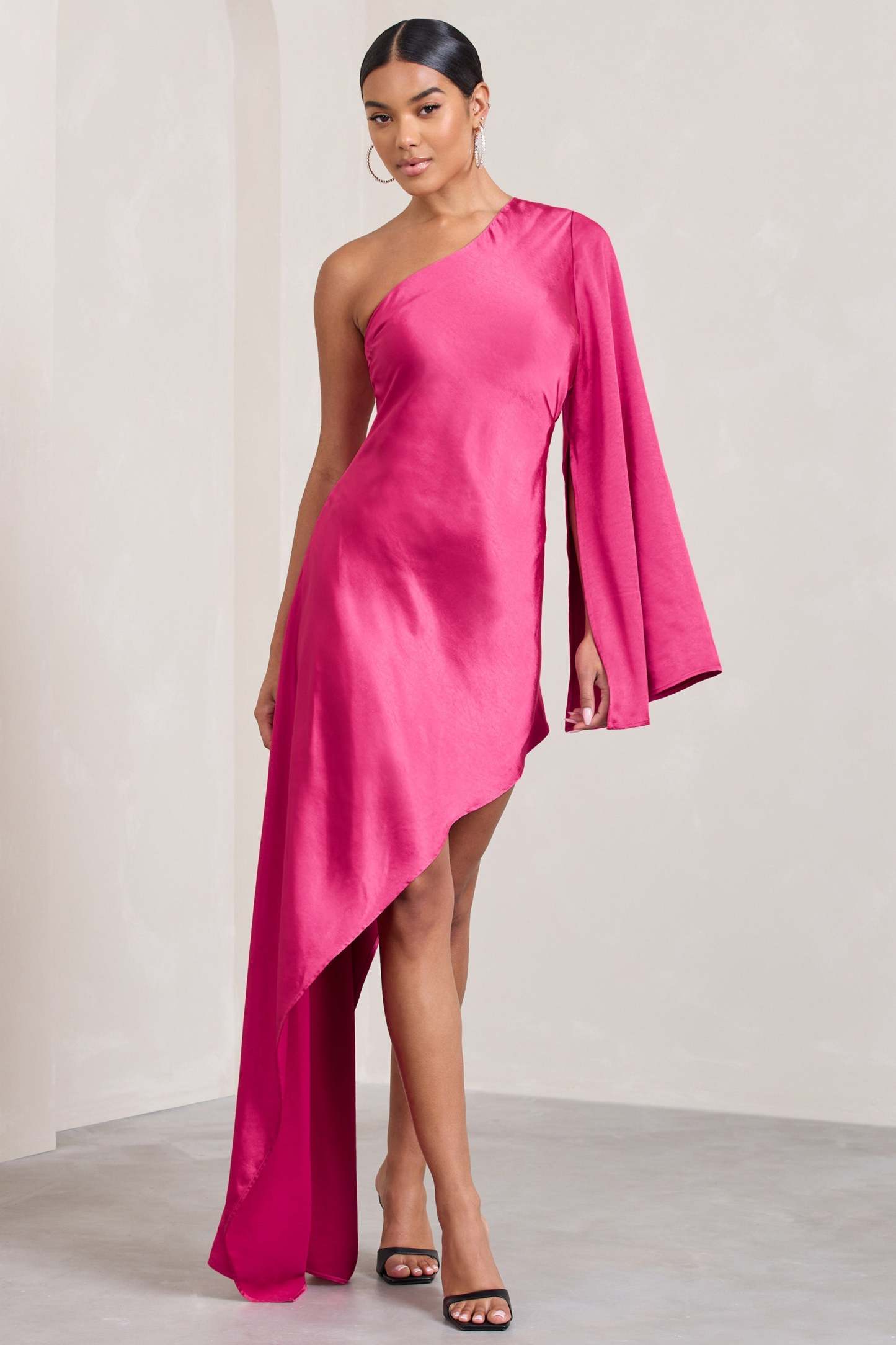 Hanna Hot Pink Asymmetric Draped Satin Mini Dress-Fashionmomo.All Rights Reserved
