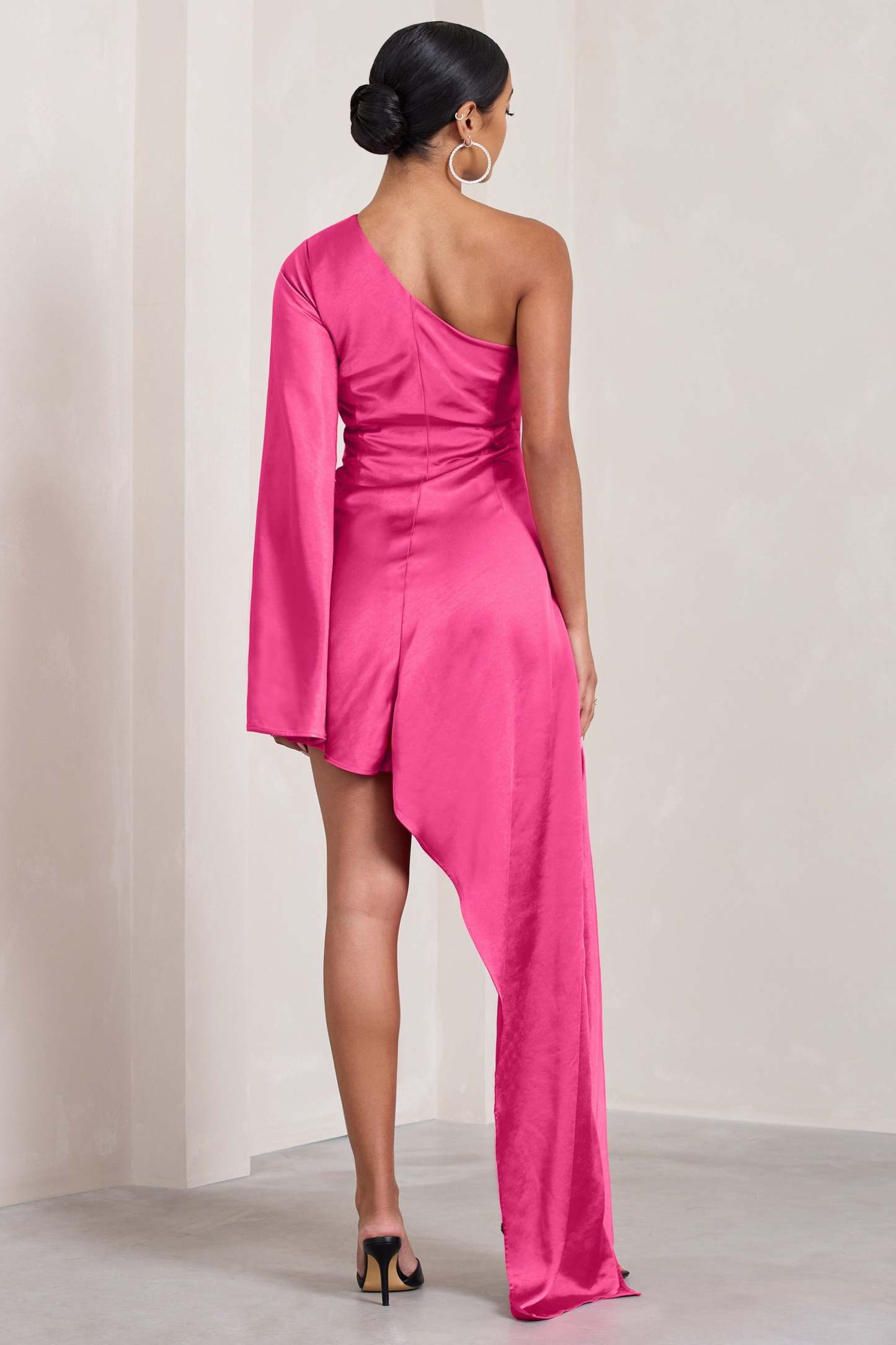 Hanna Hot Pink Asymmetric Draped Satin Mini Dress-Fashionmomo.All Rights Reserved