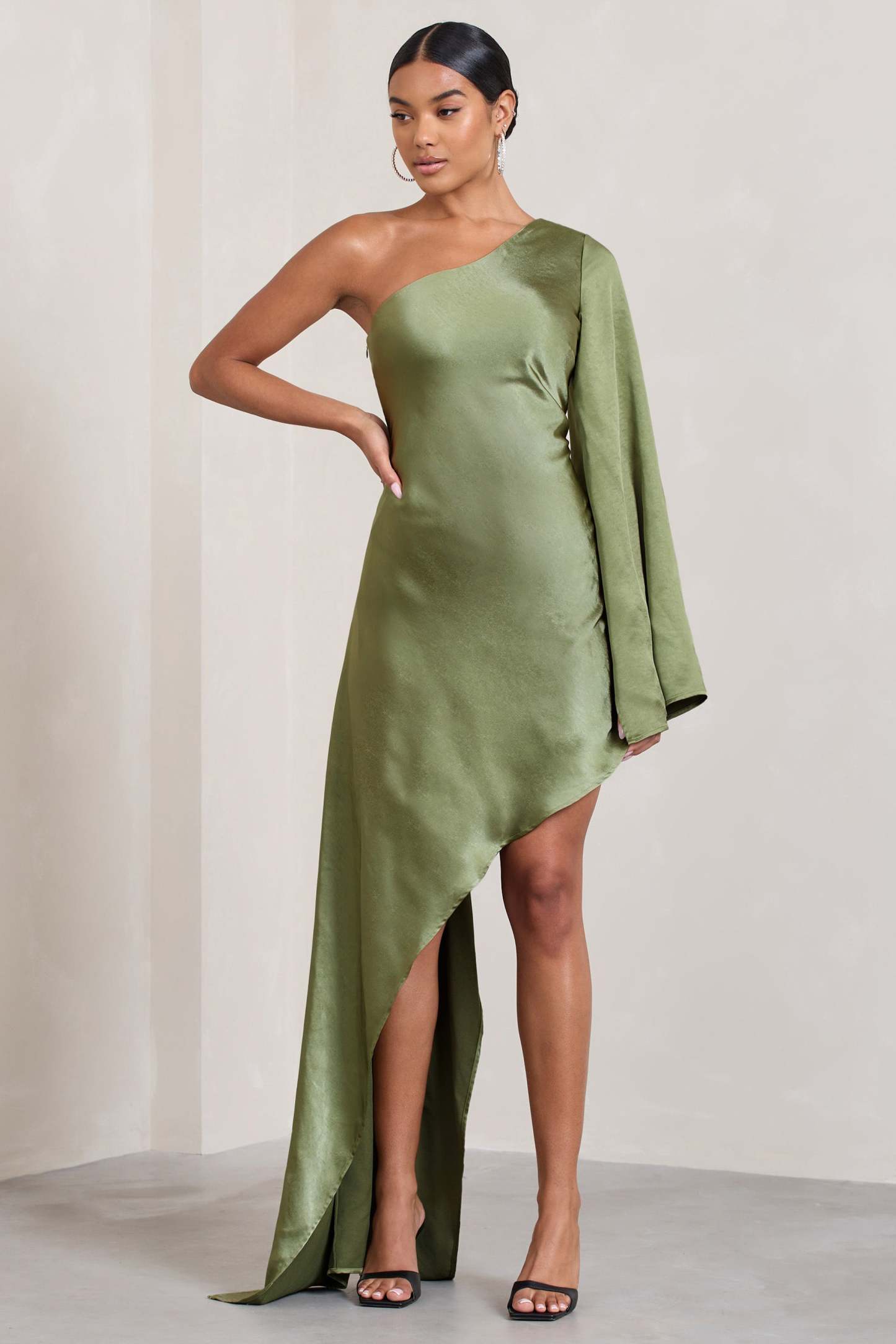 Hanna Olive Asymmetric Draped Satin Mini Dress-Fashionmomo.All Rights Reserved
