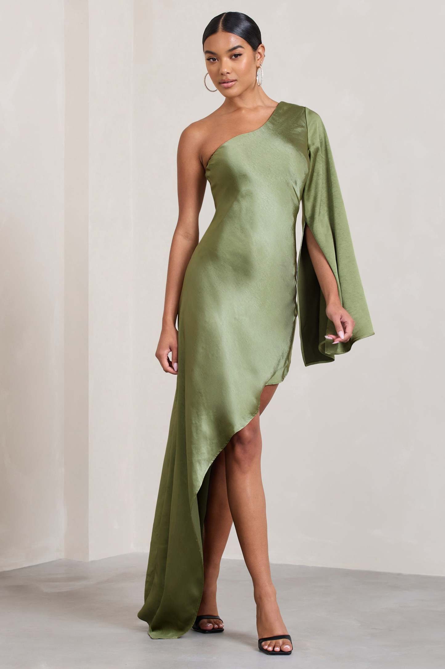 Hanna Olive Asymmetric Draped Satin Mini Dress-Fashionmomo.All Rights Reserved