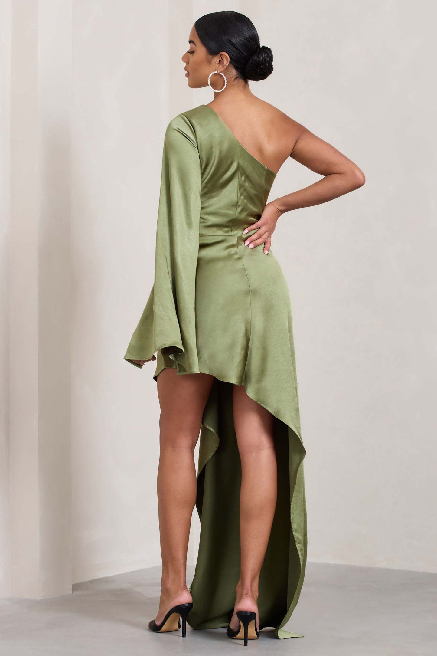 Hanna Olive Asymmetric Draped Satin Mini Dress-Fashionmomo.All Rights Reserved