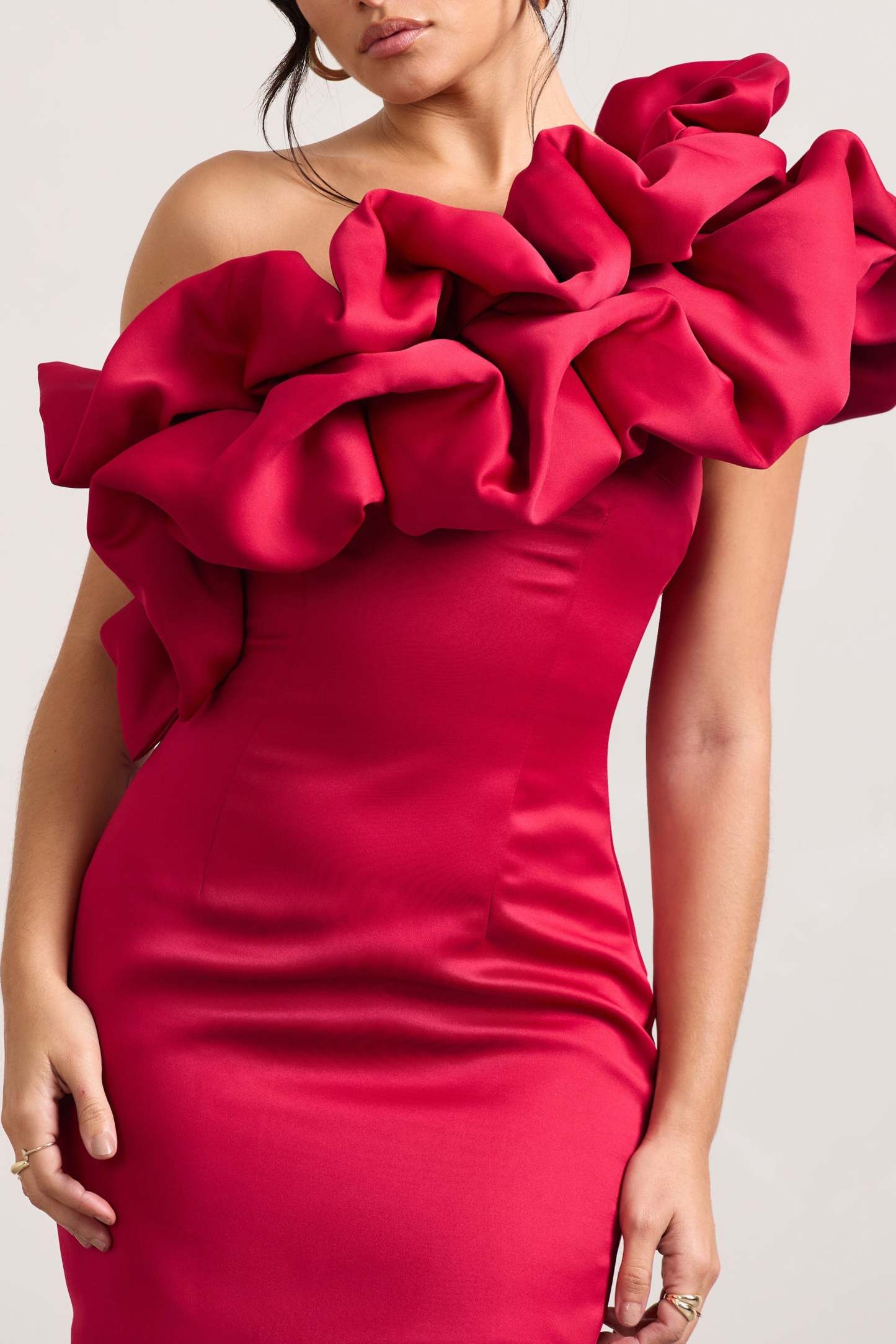 At The Opera Red Satin One Shoulder Ruffled Mini Dress-Fashionmomo.All Rights Reserved