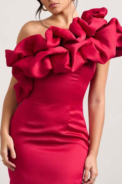 At The Opera Red Satin One Shoulder Ruffled Mini Dress-Fashionmomo.All Rights Reserved