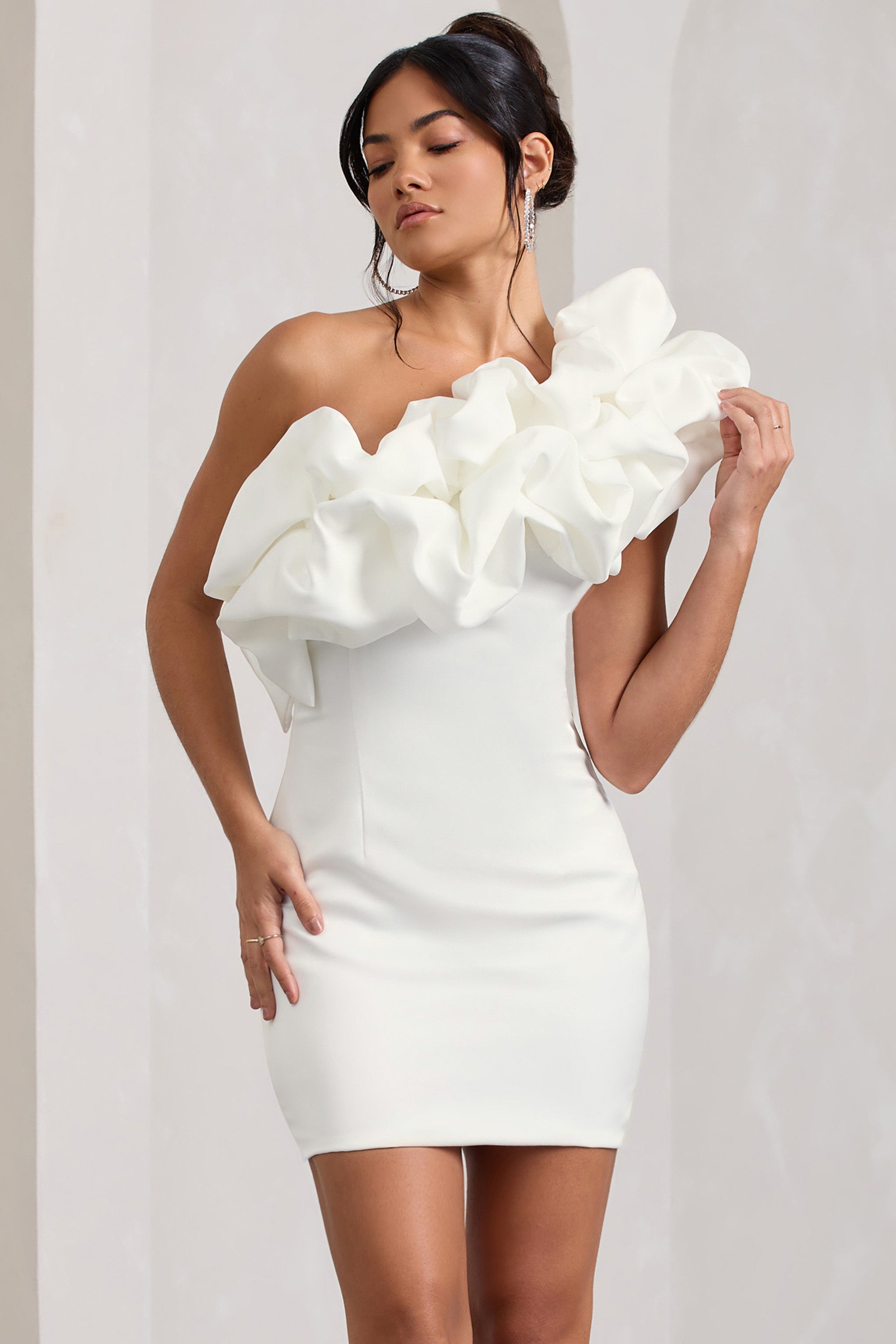 At The Opera White Satin One Shoulder Ruffled Mini Dress-Fashionmomo.All Rights Reserved