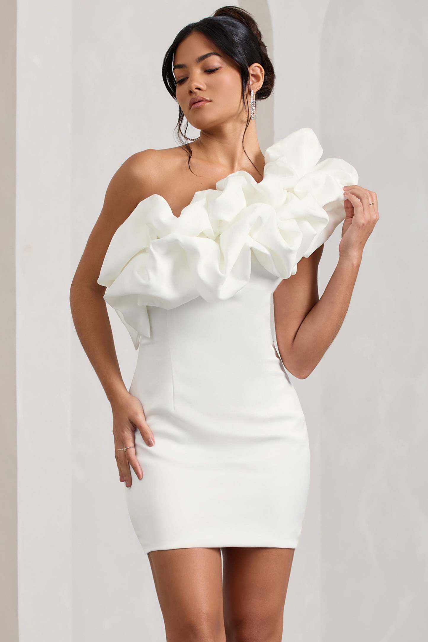 At The Opera White Satin One Shoulder Ruffled Mini Dress-Fashionmomo.All Rights Reserved