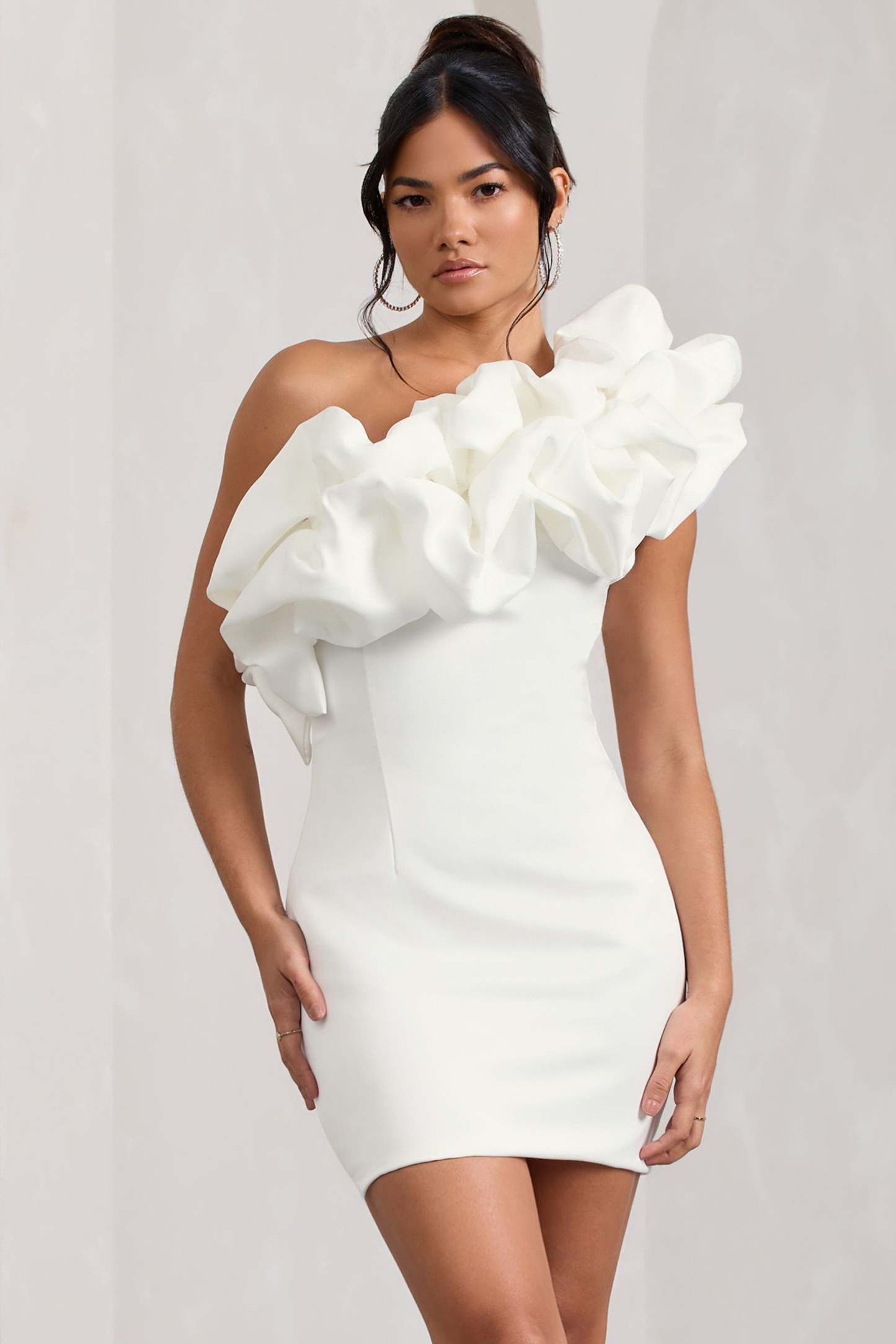 At The Opera White Satin One Shoulder Ruffled Mini Dress-Fashionmomo.All Rights Reserved