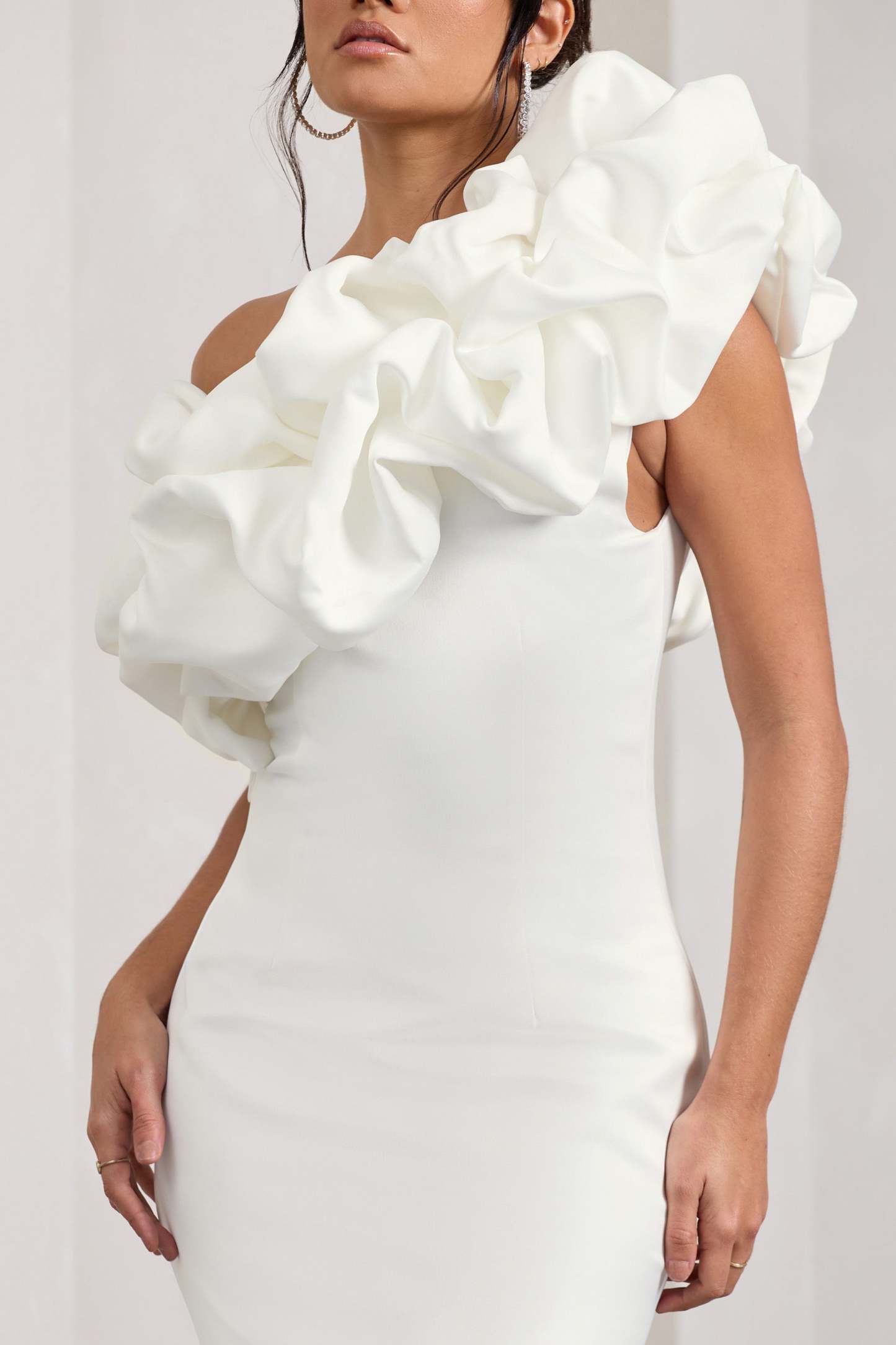 At The Opera White Satin One Shoulder Ruffled Mini Dress-Fashionmomo.All Rights Reserved