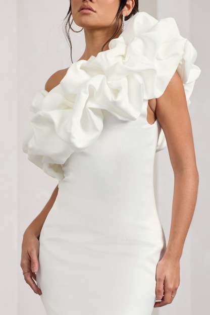 At The Opera White Satin One Shoulder Ruffled Mini Dress-Fashionmomo.All Rights Reserved