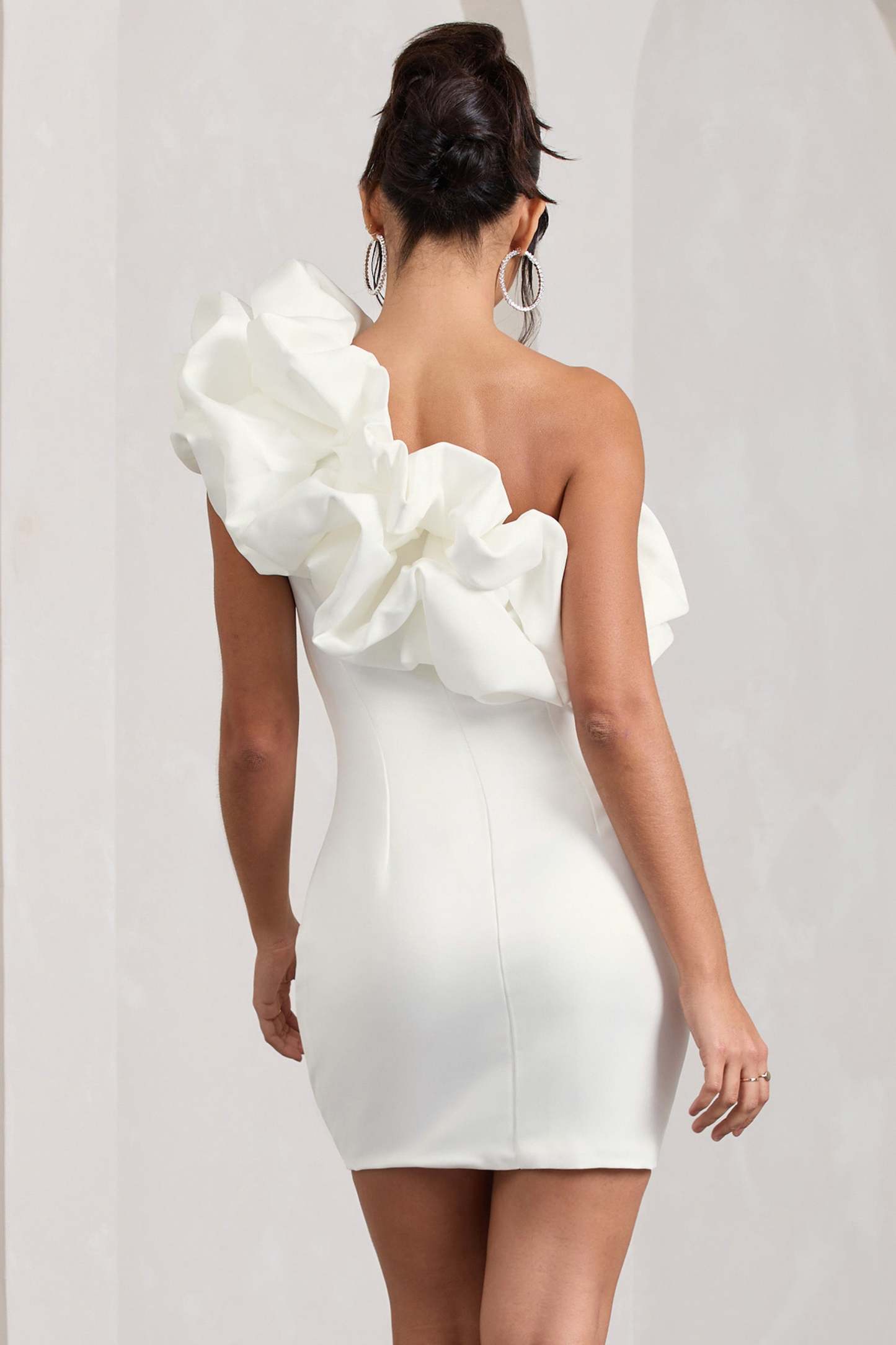 At The Opera White Satin One Shoulder Ruffled Mini Dress-Fashionmomo.All Rights Reserved