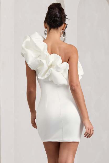 At The Opera White Satin One Shoulder Ruffled Mini Dress-Fashionmomo.All Rights Reserved