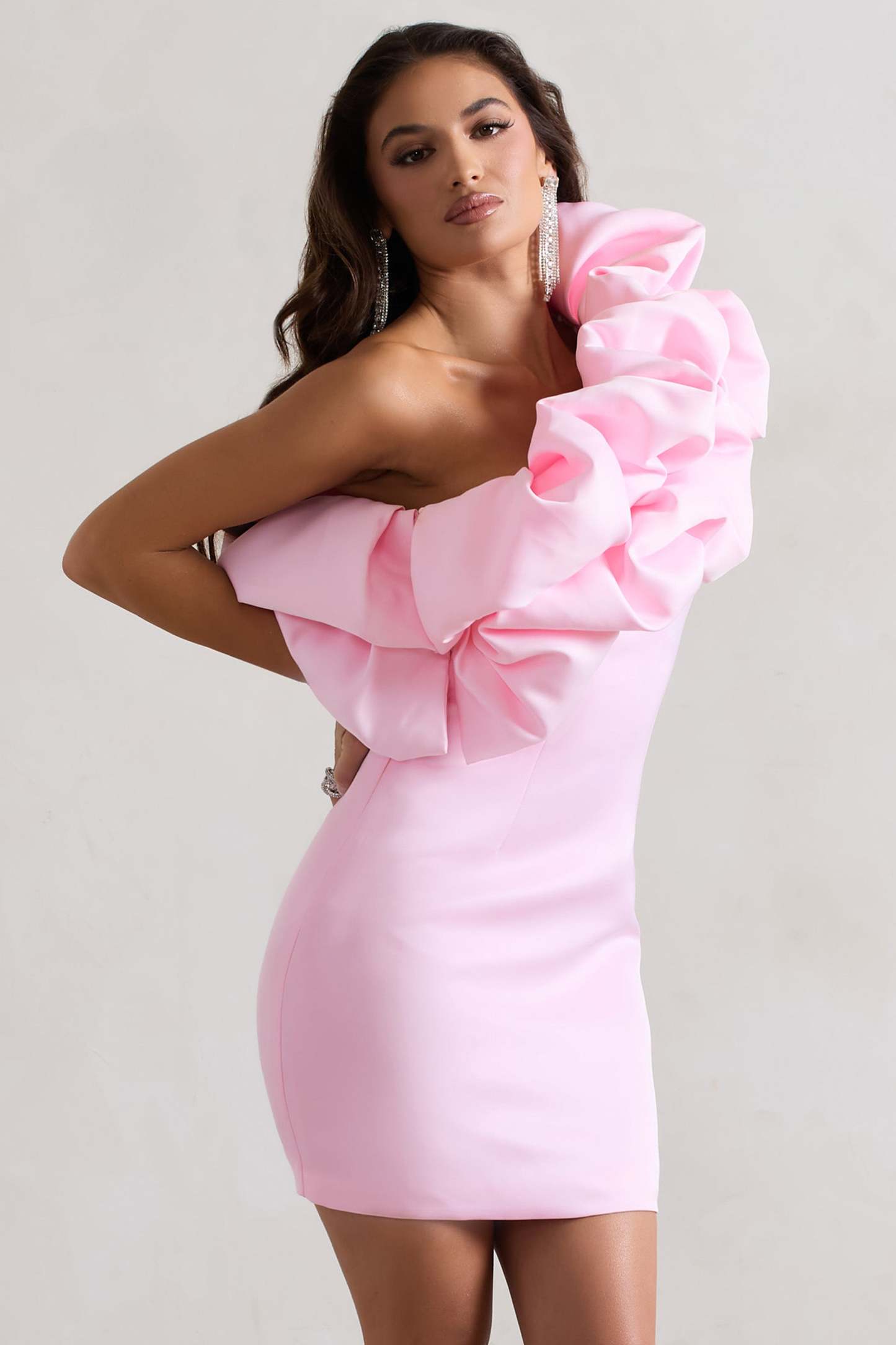 At The Opera Pink Satin Asymmetric Ruffled Mini Dress-Fashionmomo.All Rights Reserved