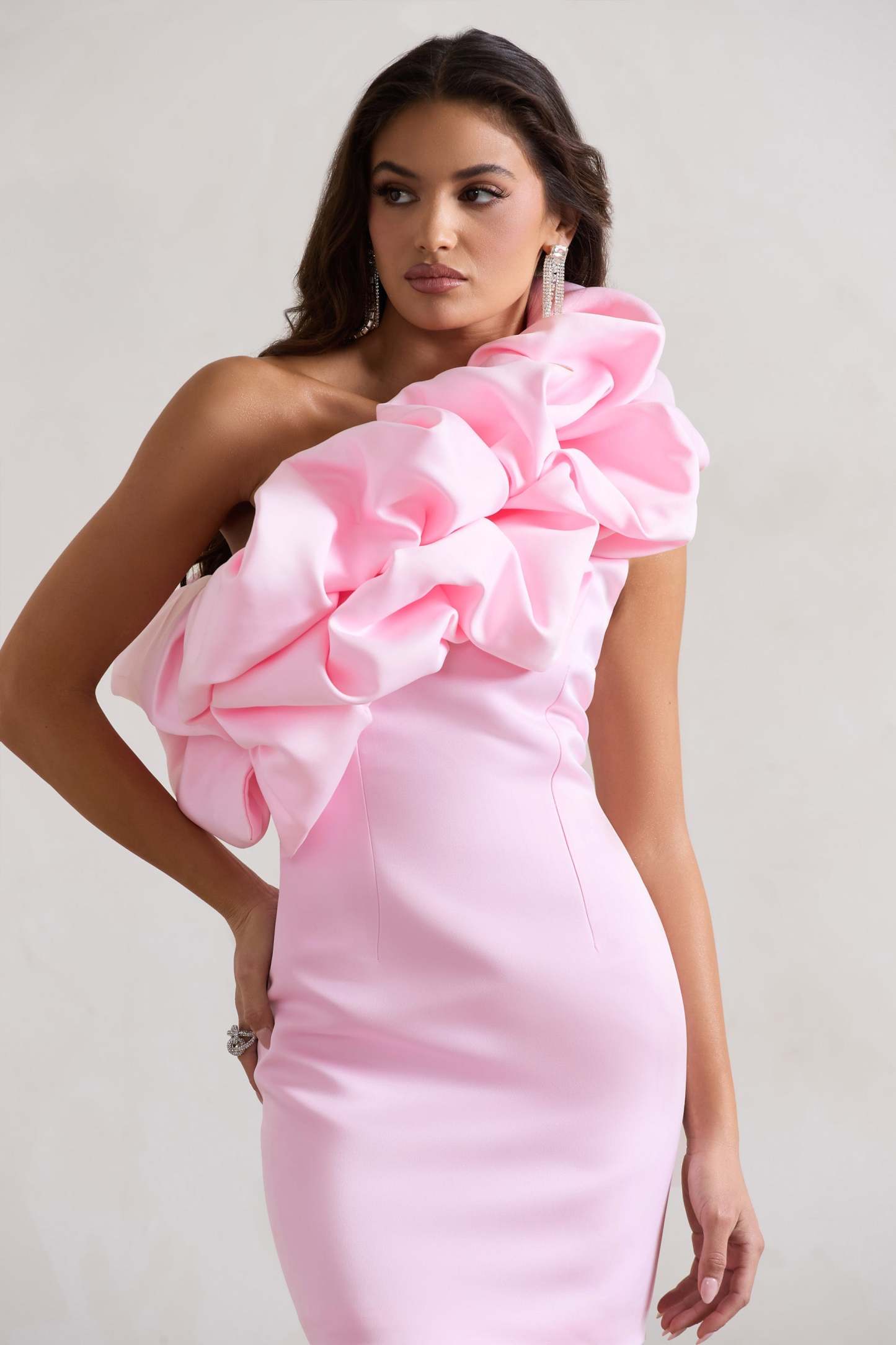 At The Opera Pink Satin Asymmetric Ruffled Mini Dress-Fashionmomo.All Rights Reserved