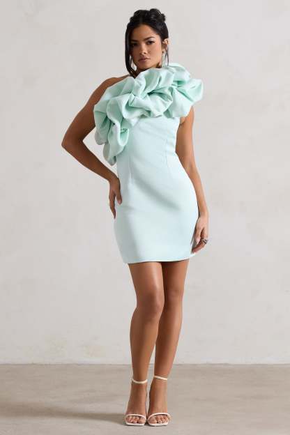 At The Opera Mint Satin Asymmetric Ruffled Mini Dress-Fashionmomo.All Rights Reserved