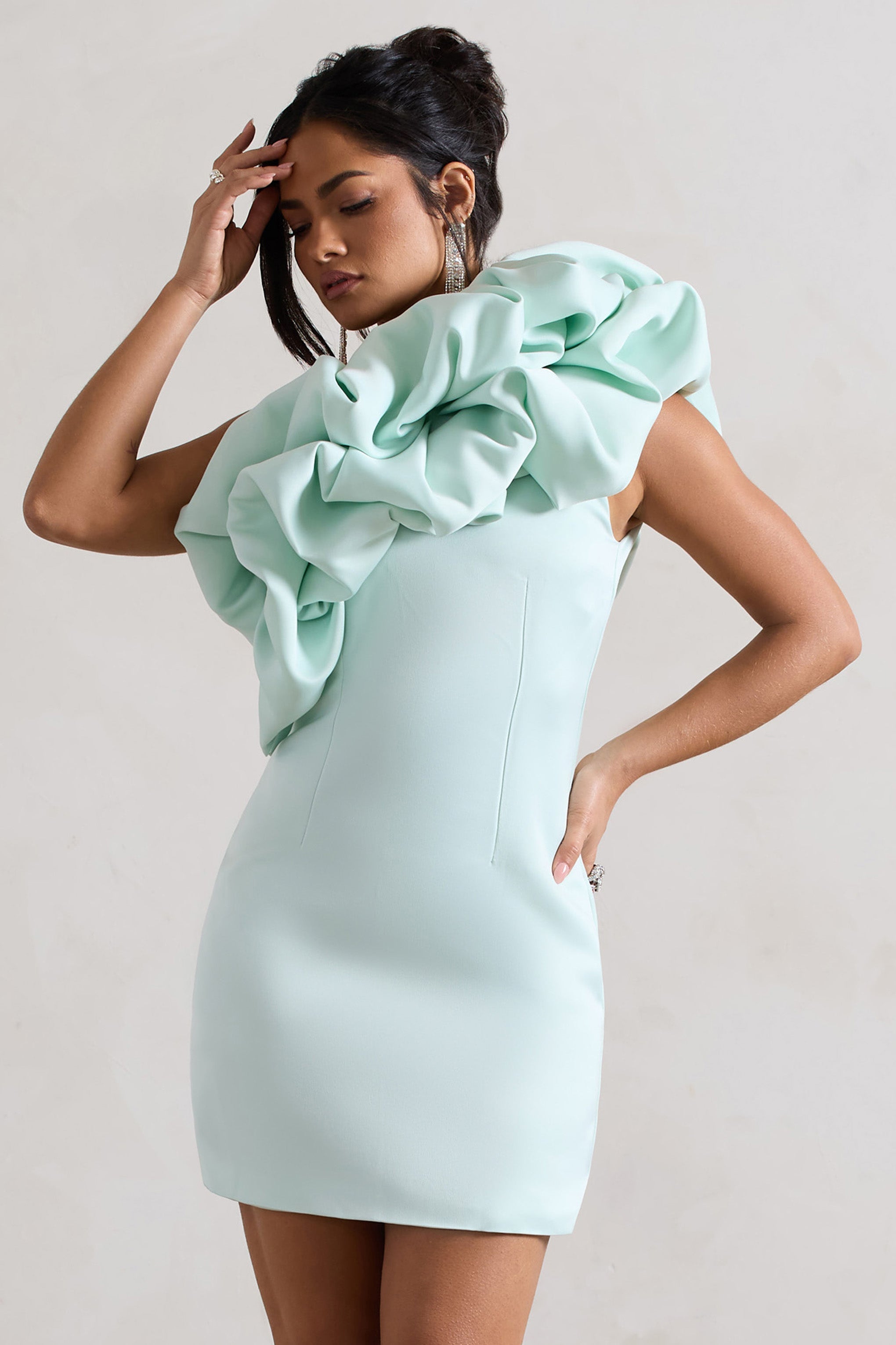 At The Opera Mint Satin Asymmetric Ruffled Mini Dress-Fashionmomo.All Rights Reserved