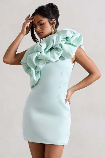 At The Opera Mint Satin Asymmetric Ruffled Mini Dress-Fashionmomo.All Rights Reserved
