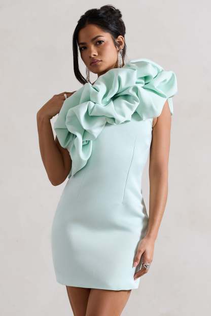 At The Opera Mint Satin Asymmetric Ruffled Mini Dress-Fashionmomo.All Rights Reserved