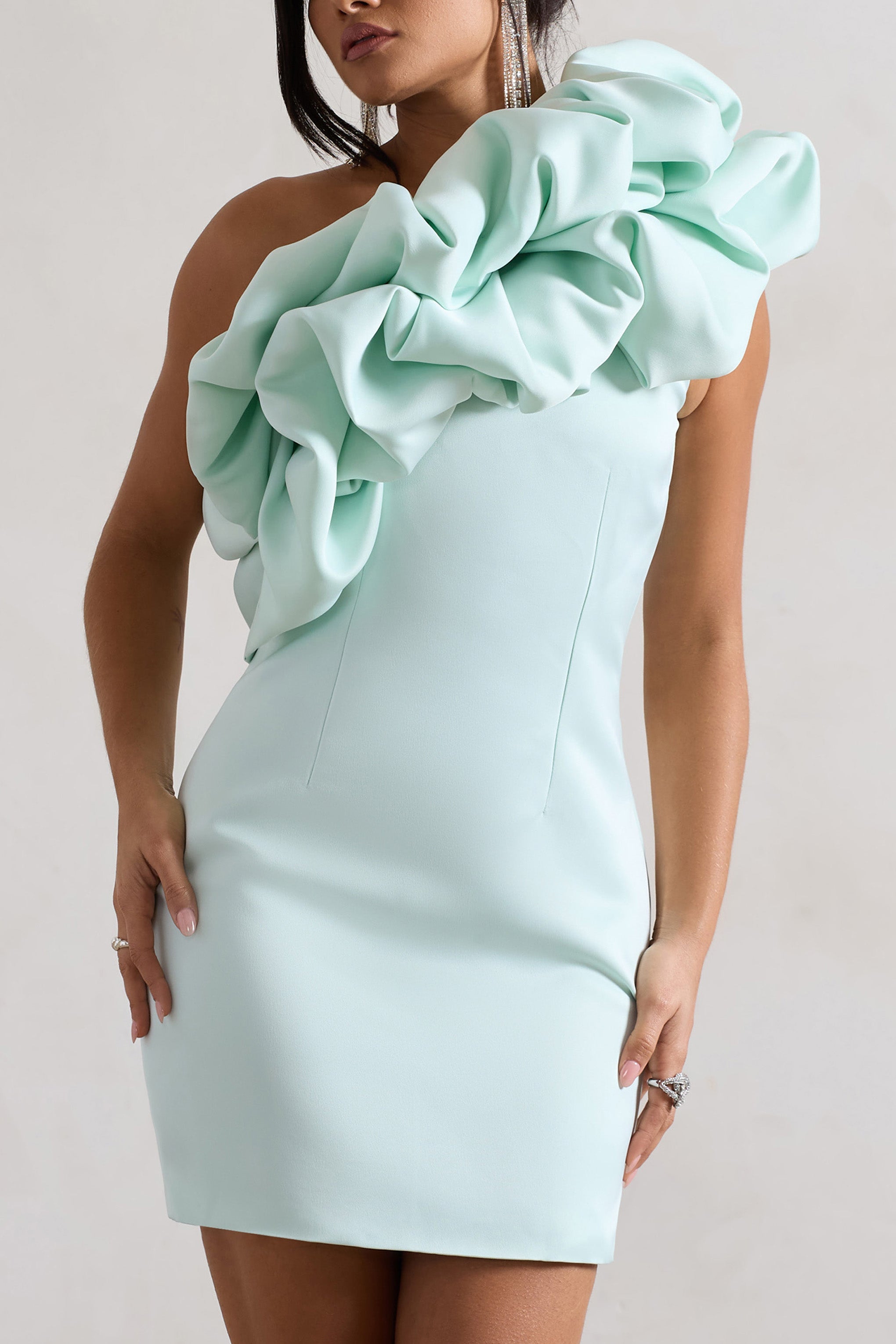 At The Opera Mint Satin Asymmetric Ruffled Mini Dress-Fashionmomo.All Rights Reserved