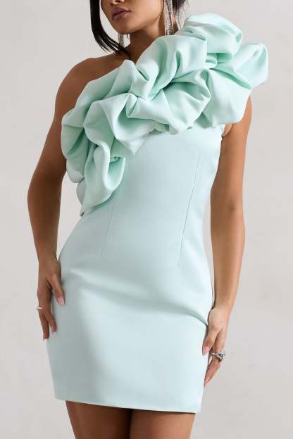 At The Opera Mint Satin Asymmetric Ruffled Mini Dress-Fashionmomo.All Rights Reserved