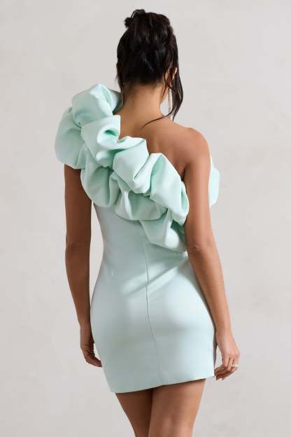 At The Opera Mint Satin Asymmetric Ruffled Mini Dress-Fashionmomo.All Rights Reserved
