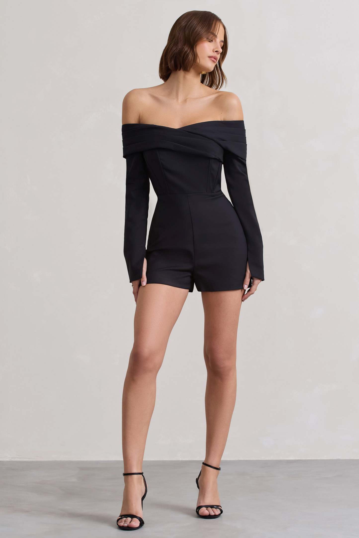 Front Row Black Long-Sleeved Bardot Corset Playsuit-Fashionmomo.All Rights Reserved
