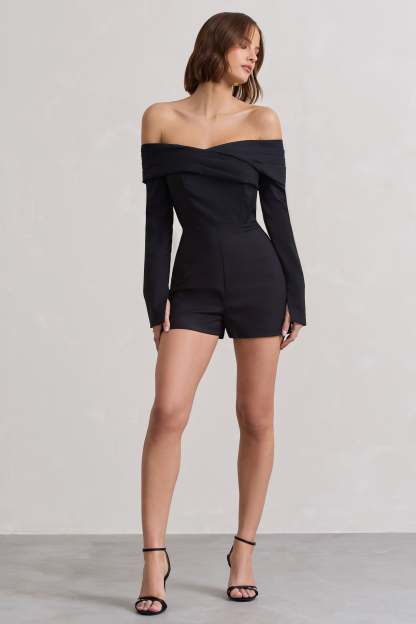 Front Row Black Long-Sleeved Bardot Corset Playsuit-Fashionmomo.All Rights Reserved
