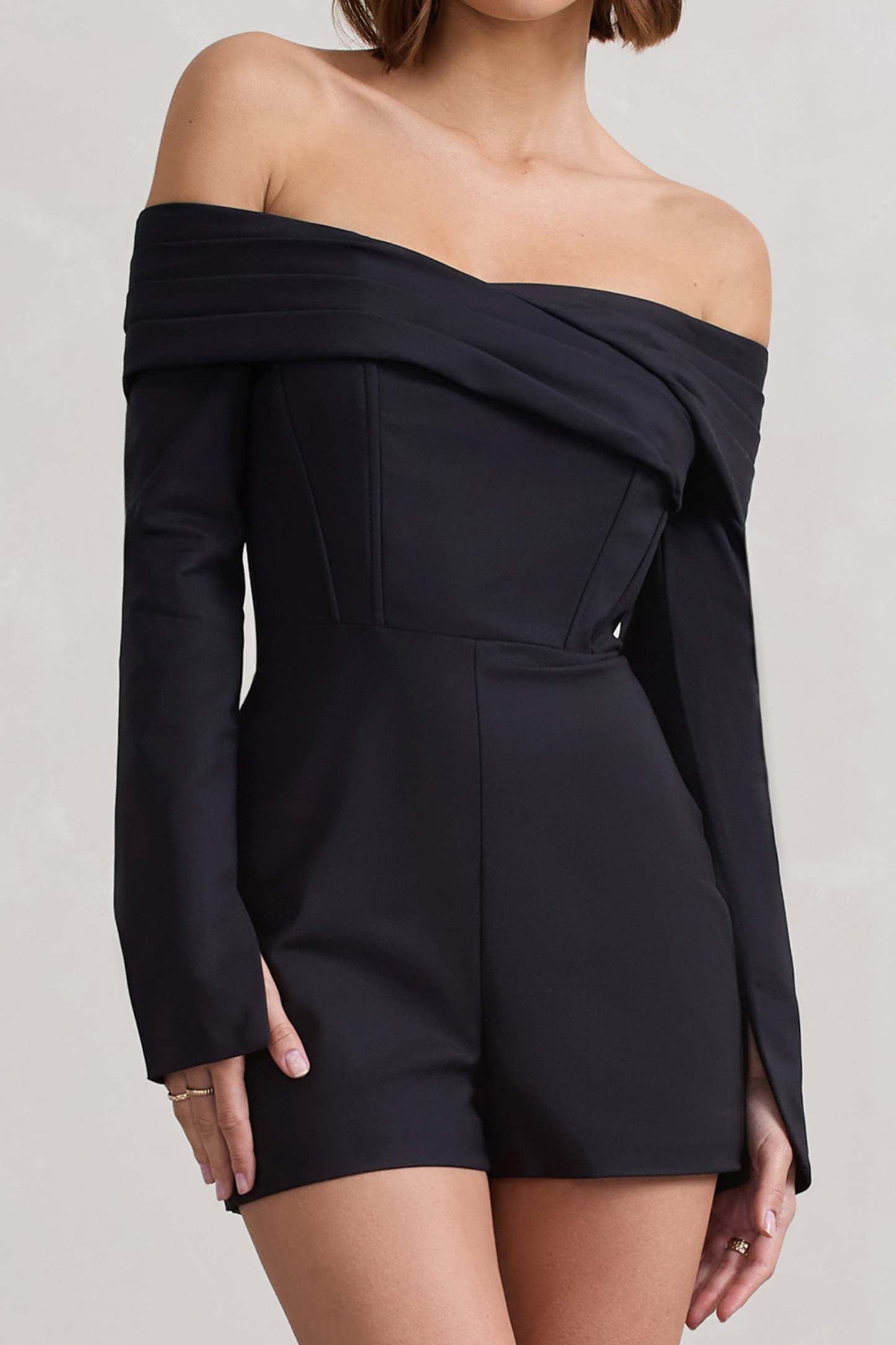 Front Row Black Long-Sleeved Bardot Corset Playsuit-Fashionmomo.All Rights Reserved