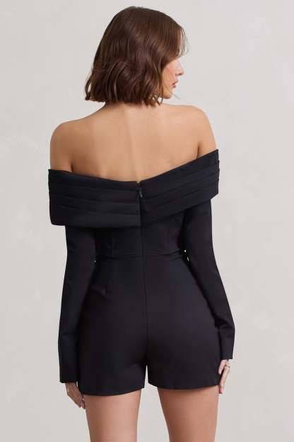 Front Row Black Long-Sleeved Bardot Corset Playsuit-Fashionmomo.All Rights Reserved