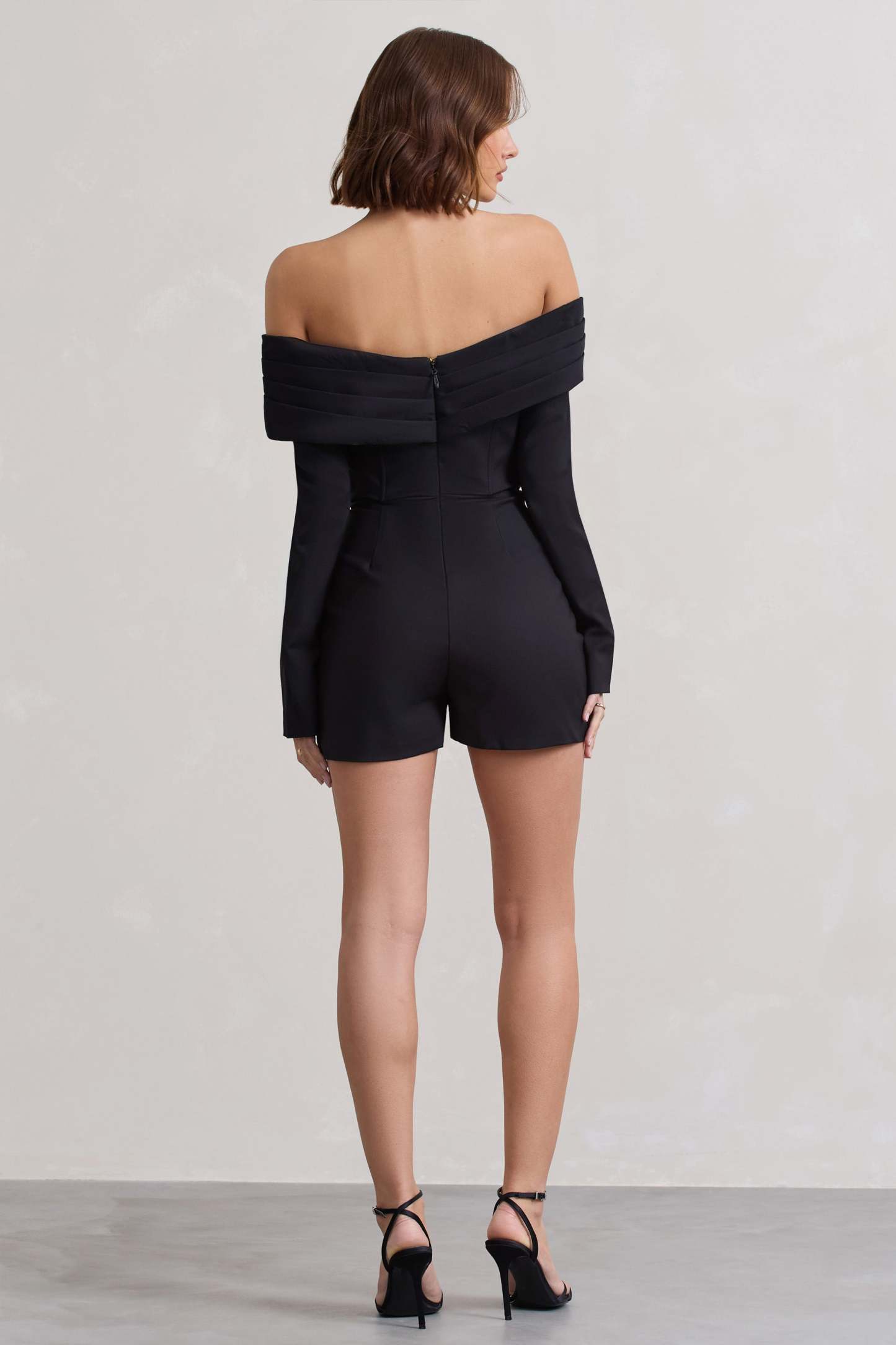 Front Row Black Long-Sleeved Bardot Corset Playsuit-Fashionmomo.All Rights Reserved