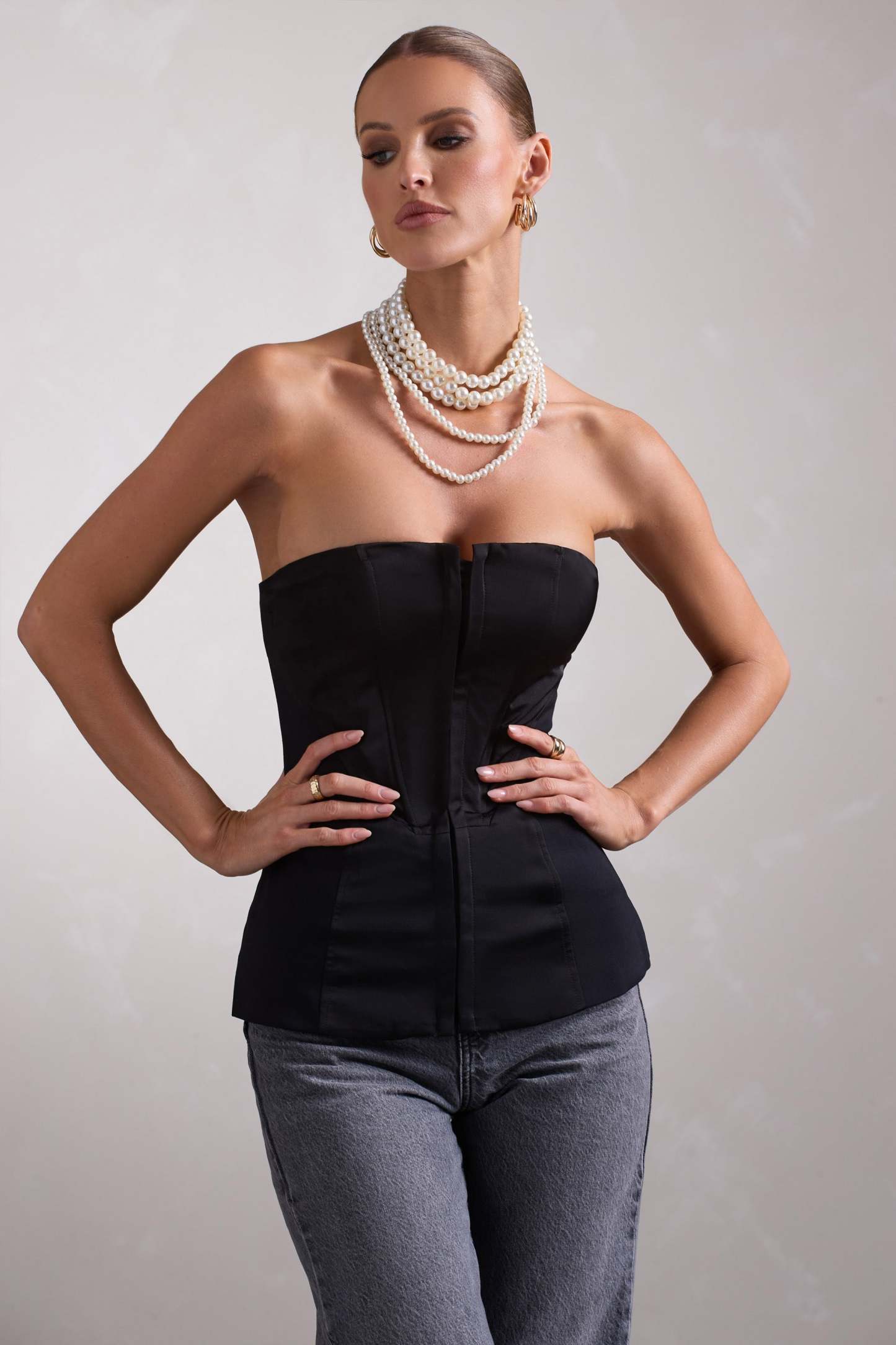 Illusive Black Satin-Blend Strapless Panelled Corset Top-Fashionmomo.All Rights Reserved