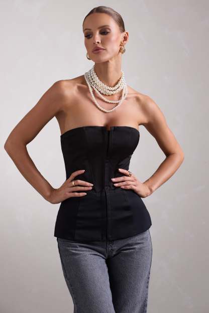 Illusive Black Satin-Blend Strapless Panelled Corset Top-Fashionmomo.All Rights Reserved