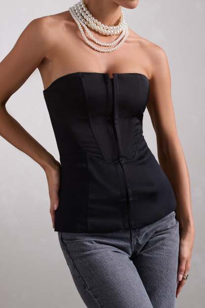 Illusive Black Satin-Blend Strapless Panelled Corset Top-Fashionmomo.All Rights Reserved